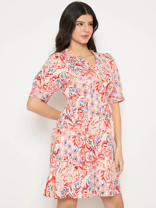 MADAME Paisley Print Elasticated Waist Red Cotton Dress