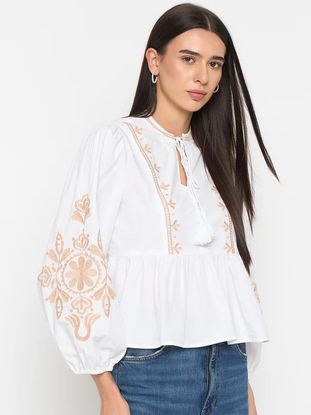 MADAME White Cotton Embroidered Top