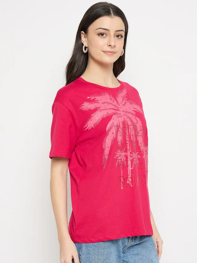 MADAME Hot Pink Cotton Printed T-Shirt