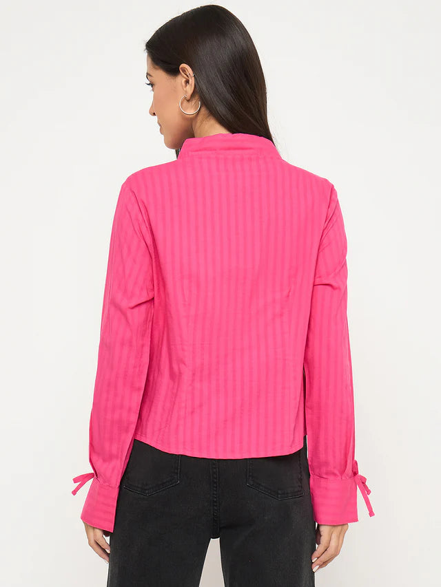 MADAME Tie-Cuff Detail Striped Hot Pink Cotton Shirt