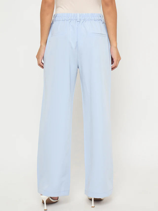 MADAME Solid Sky Blue Straight Fit Trousers