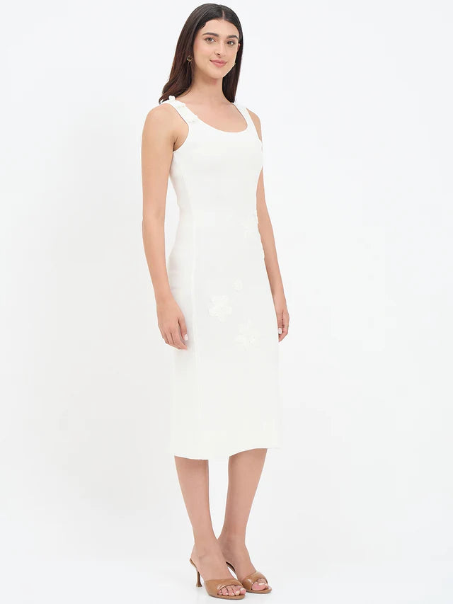 MADAME White Floral Knit Cotton Midi Dress