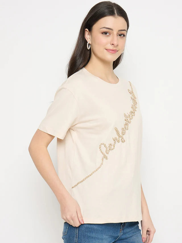MADAME Beige Cotton Printed T-Shirt