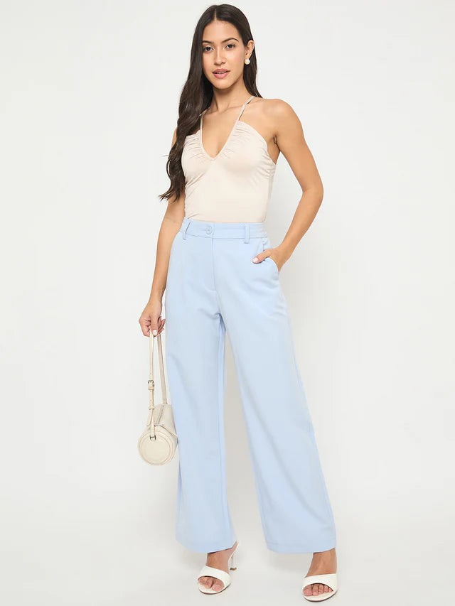 MADAME Solid Sky Blue Straight Fit Trousers