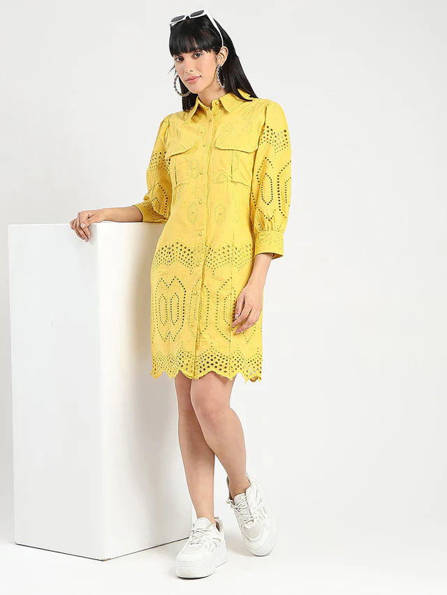 MADAME Schiffli Mustard Yellow Midi Shirt Dress