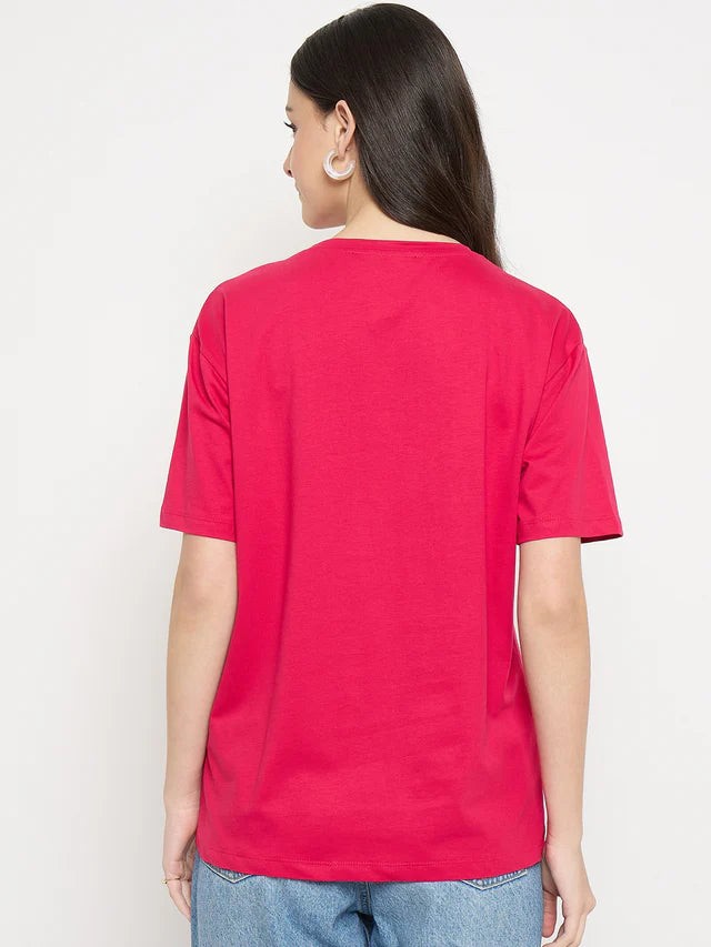 MADAME Hot Pink Cotton Printed T-Shirt