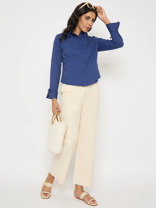 MADAME Striped Solid Navy Cotton Shirt