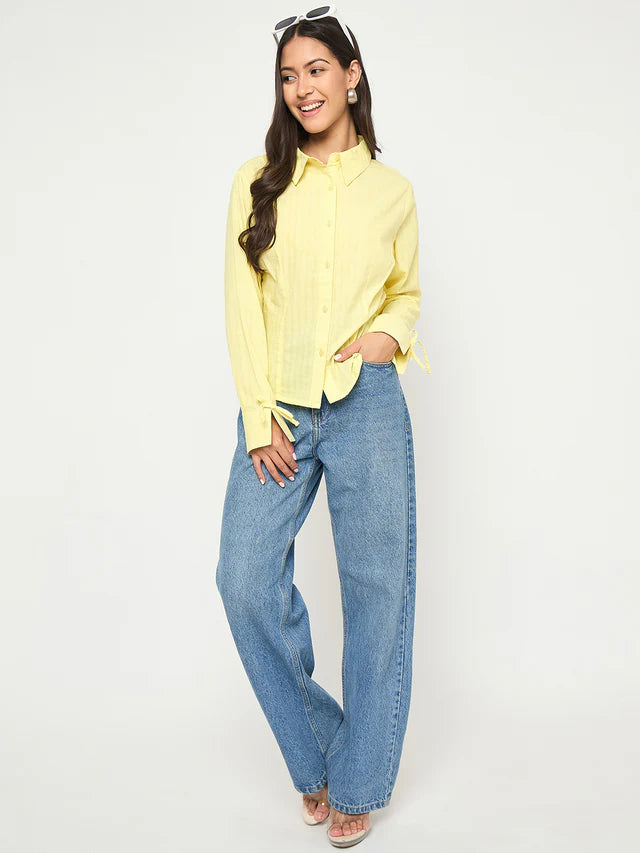 MADAME Tie-Cuff Detail Striped Yellow Cotton Shirt
