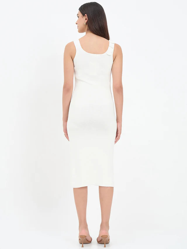 MADAME White Floral Knit Cotton Midi Dress