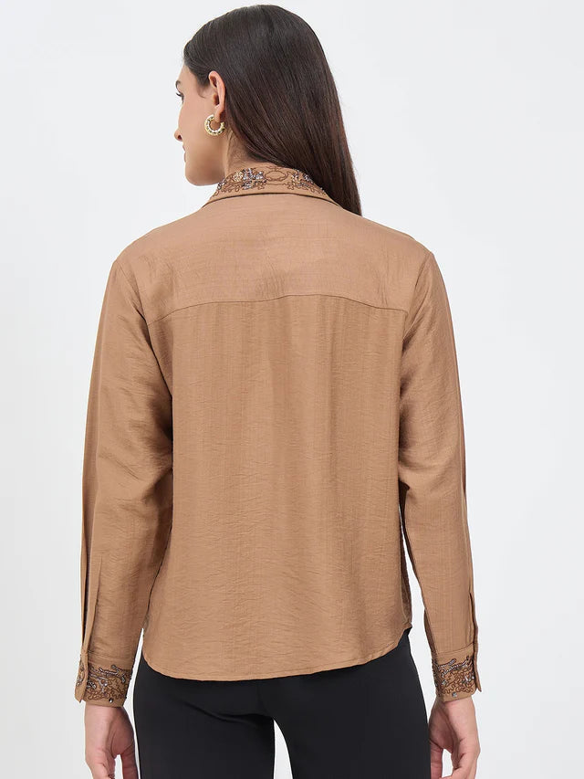 MADAME Solid Brown Rayon Blend Shirt