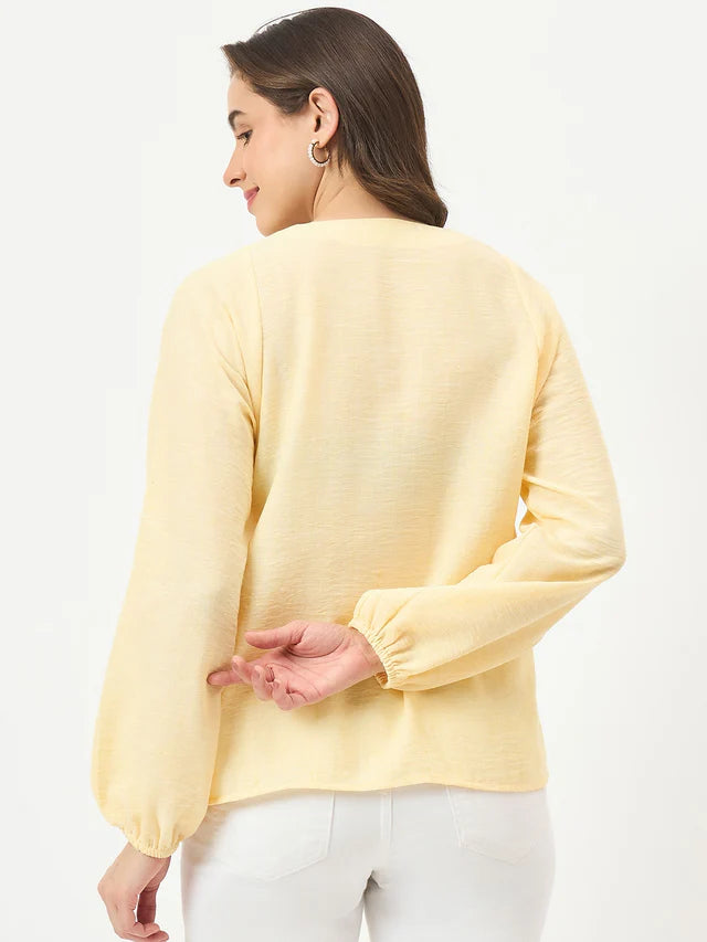 MADAME Yellow Printed Puff-Sleeve Top