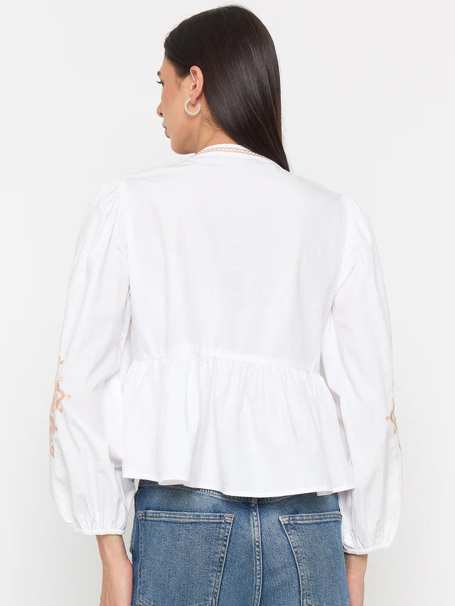 MADAME White Cotton Embroidered Top
