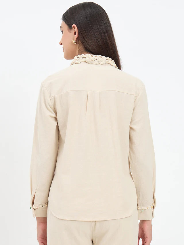 MADAME Collar Embellished Beige Cotton Shirt