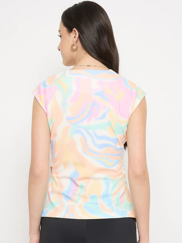 MADAME Peach Abstract Print Asymmetric Wrap Top