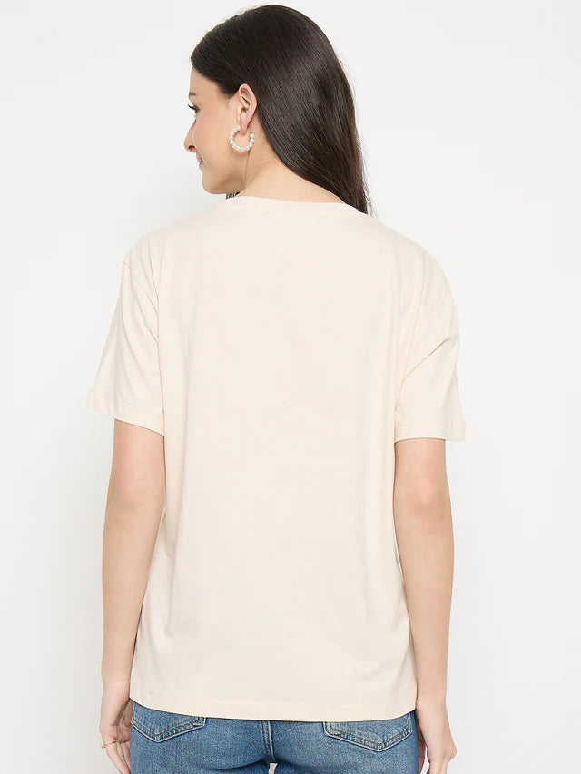 MADAME Beige Cotton Printed T-Shirt