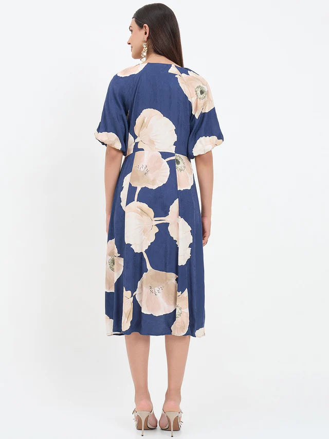 MADAME Navy Blue Floral Printed Dress