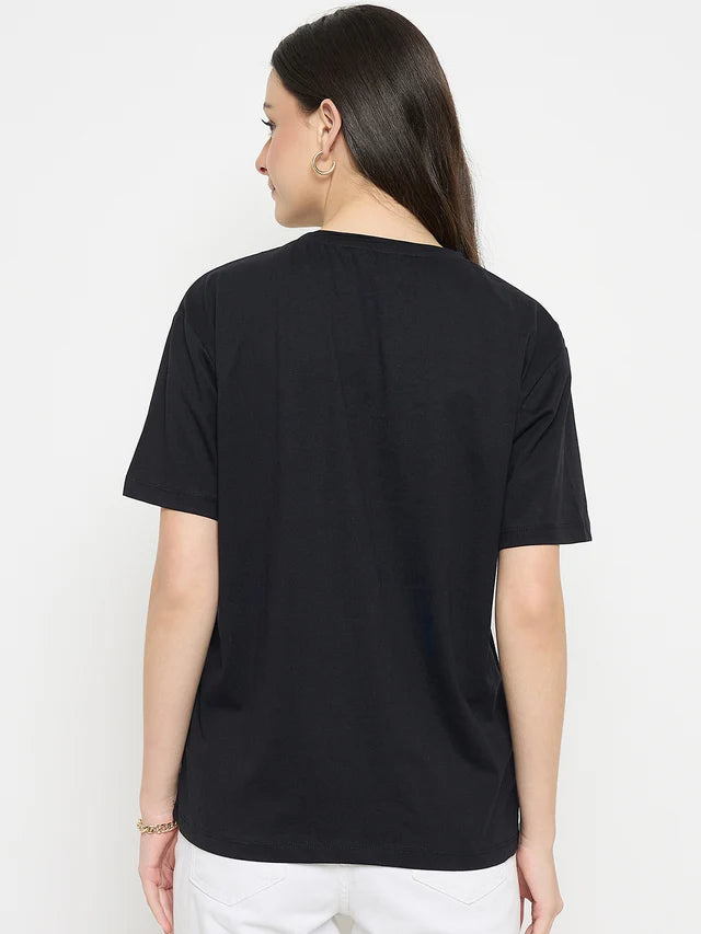 MADAME Black Cotton Printed T-Shirt