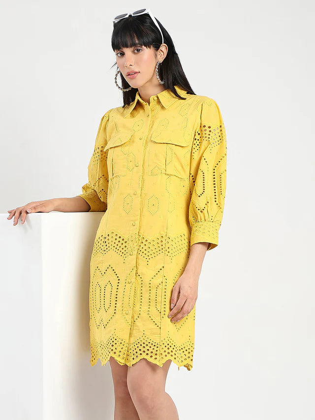 MADAME Schiffli Mustard Yellow Midi Shirt Dress