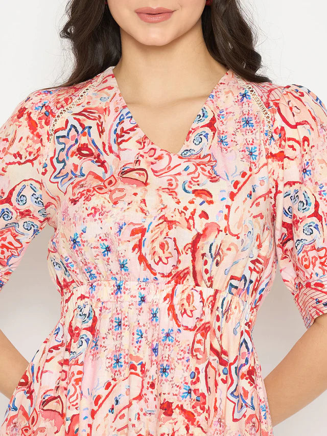 MADAME Paisley Print Elasticated Waist Red Cotton Dress