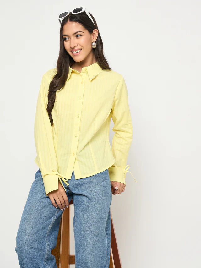 MADAME Tie-Cuff Detail Striped Yellow Cotton Shirt