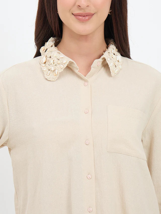 MADAME Collar Embellished Beige Cotton Shirt