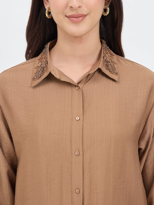 MADAME Solid Brown Rayon Blend Shirt