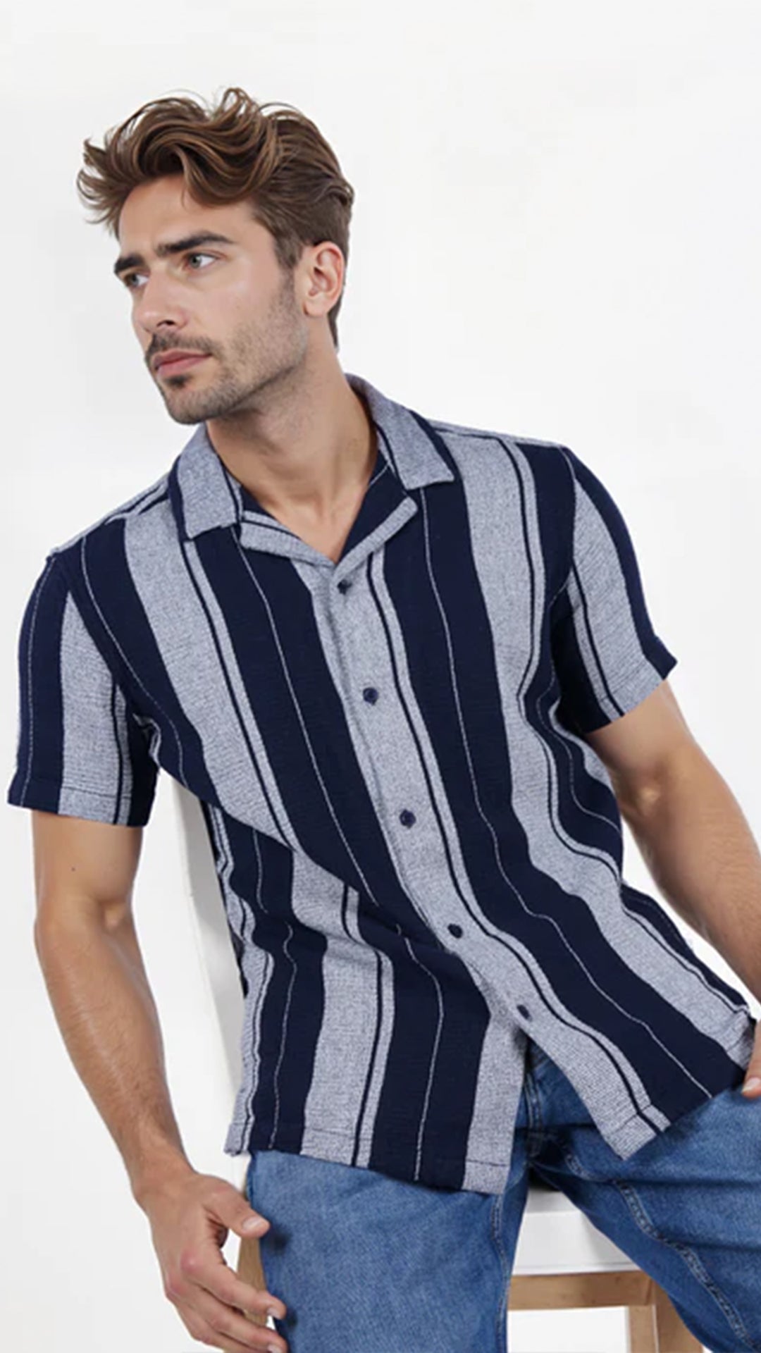 Celio Striped Regular Fit Cotton Blue Shirt (40% Off)