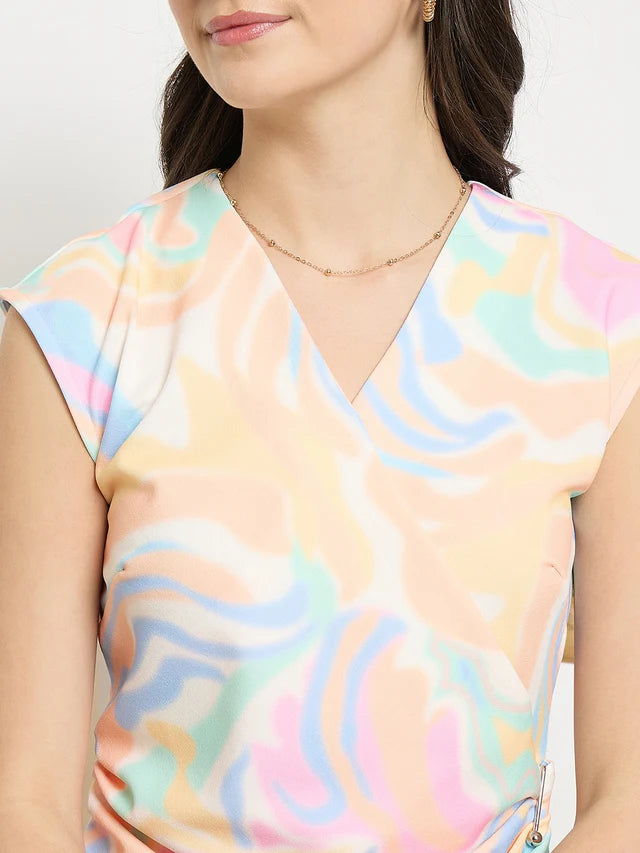 MADAME Peach Abstract Print Asymmetric Wrap Top