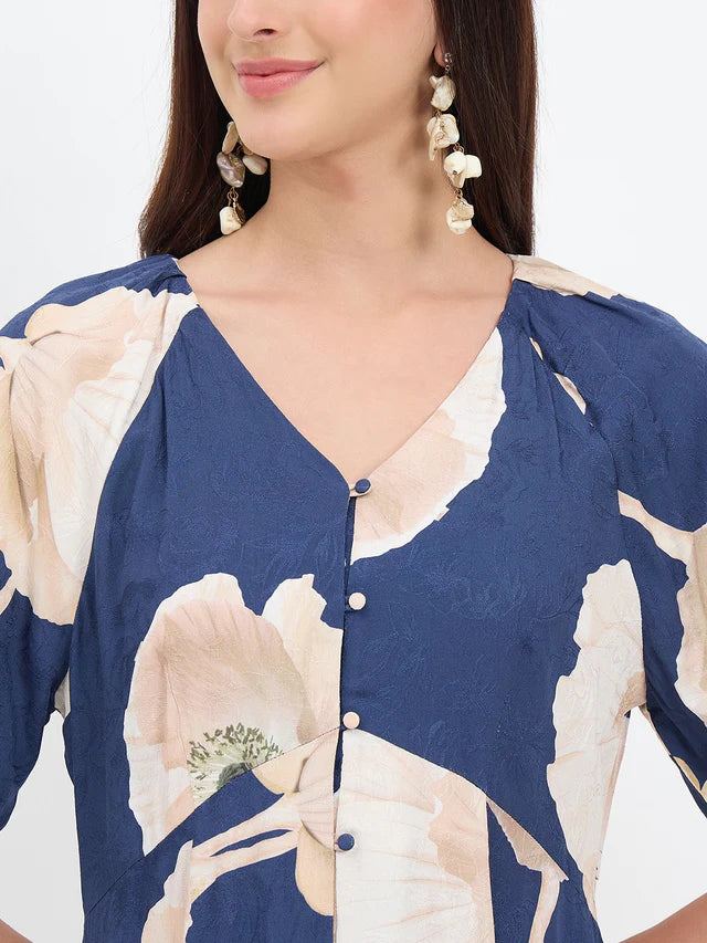 MADAME Navy Blue Floral Printed Dress
