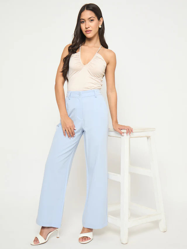 MADAME Solid Sky Blue Straight Fit Trousers