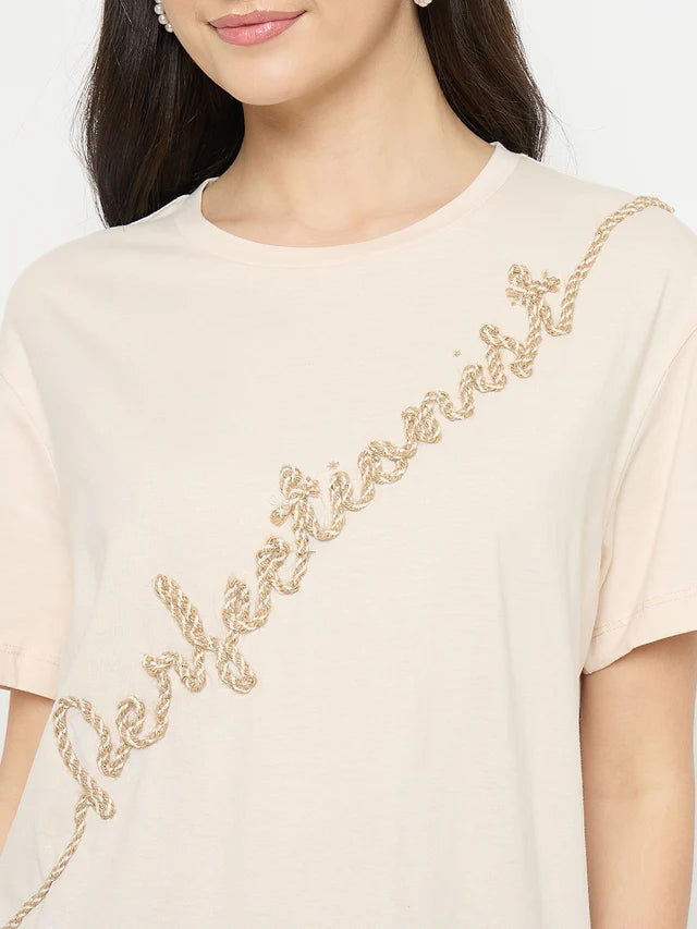 MADAME Beige Cotton Printed T-Shirt