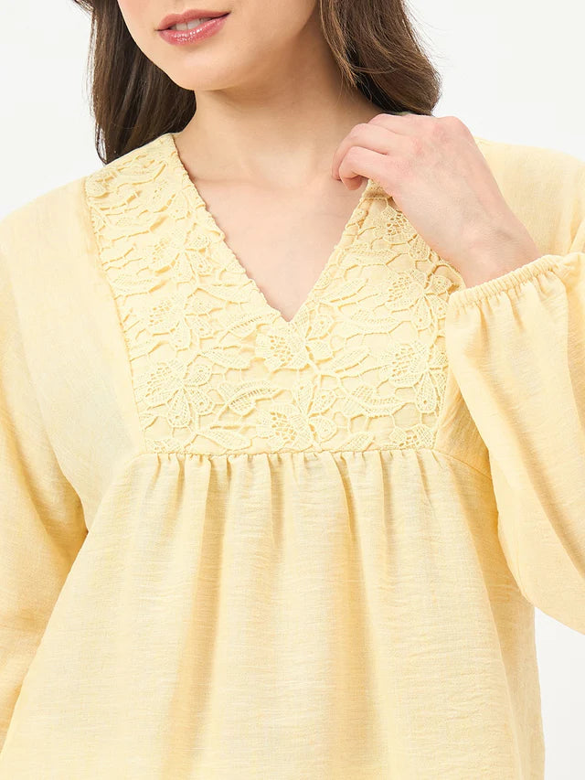 MADAME Yellow Printed Puff-Sleeve Top