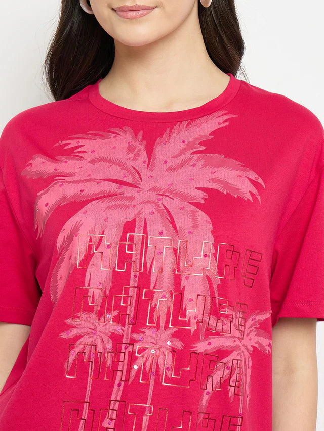 MADAME Hot Pink Cotton Printed T-Shirt