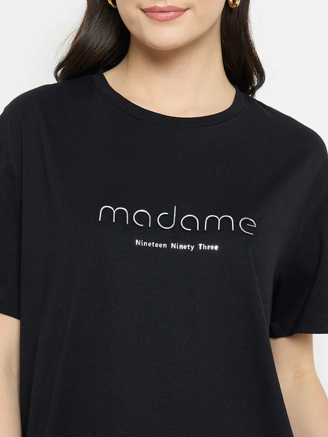 MADAME Black Cotton Printed T-Shirt