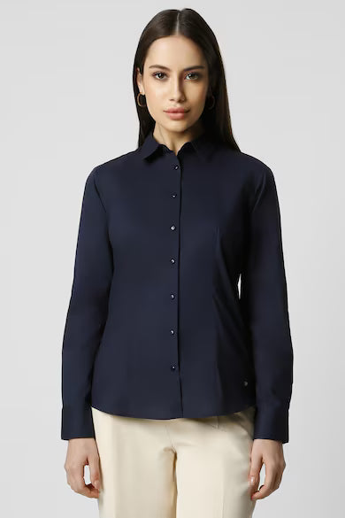 VAN HEUSEN Women Navy Solid Long Sleeves Formal Shirt