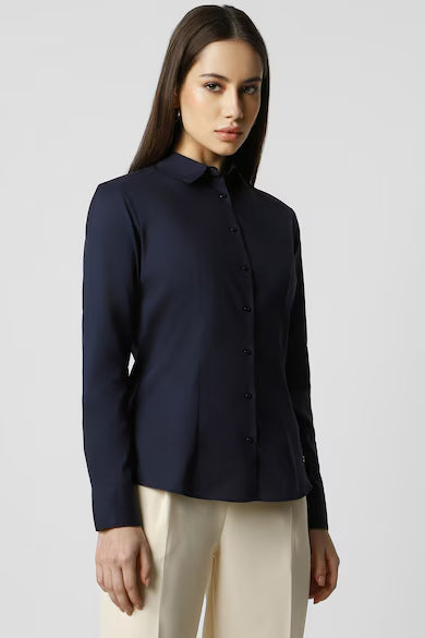 VAN HEUSEN Women Navy Solid Long Sleeves Formal Shirt