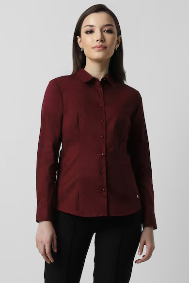 VAN HEUSEN Women Maroon Solid Long Sleeves Formal Shirt Top