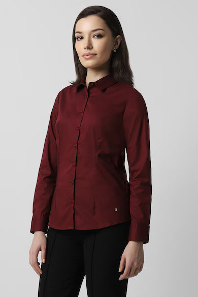 VAN HEUSEN Women Maroon Solid Long Sleeves Formal Shirt Top