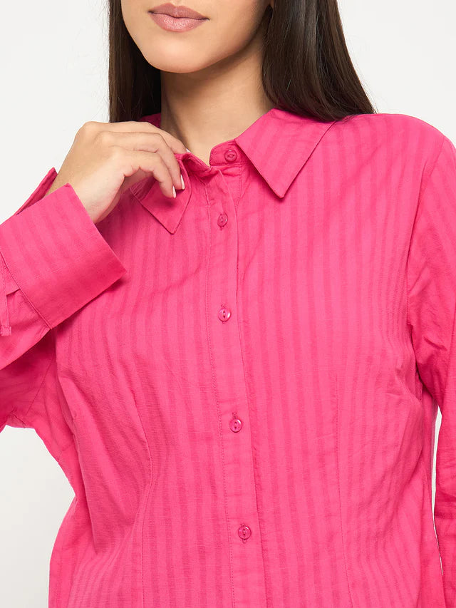 MADAME Tie-Cuff Detail Striped Hot Pink Cotton Shirt