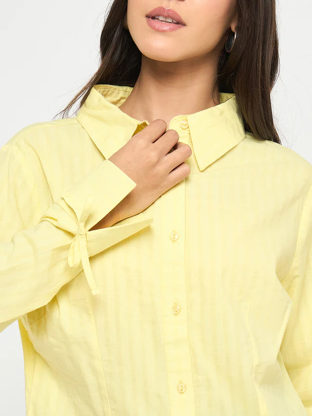 MADAME Tie-Cuff Detail Striped Yellow Cotton Shirt