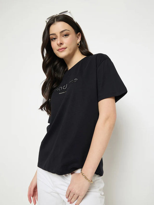 MADAME Black Cotton Printed T-Shirt