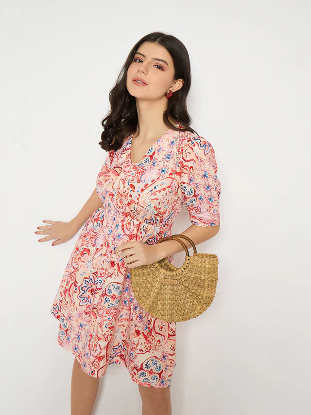 MADAME Paisley Print Elasticated Waist Red Cotton Dress