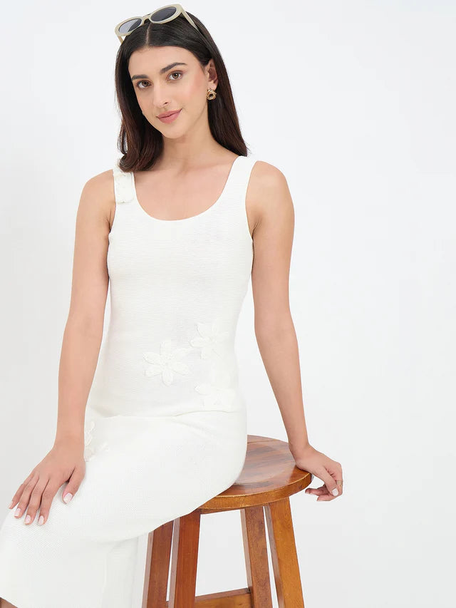 MADAME White Floral Knit Cotton Midi Dress
