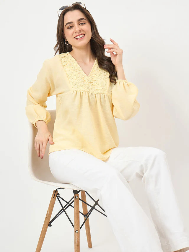 MADAME Yellow Printed Puff-Sleeve Top
