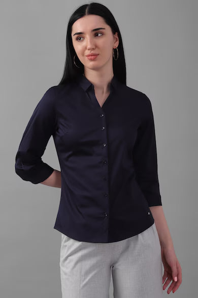 ALLEN SOLLY Women Navy Solid 3/4th Sleeves Shirt