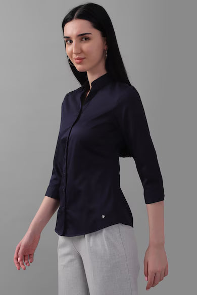 ALLEN SOLLY Women Navy Solid 3/4th Sleeves Shirt