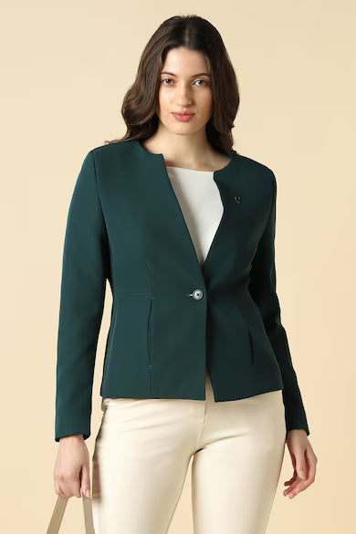 ALLEN SOLLY Women Green Solid Casual Blazer