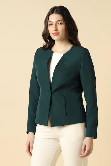 ALLEN SOLLY Women Green Solid Casual Blazer