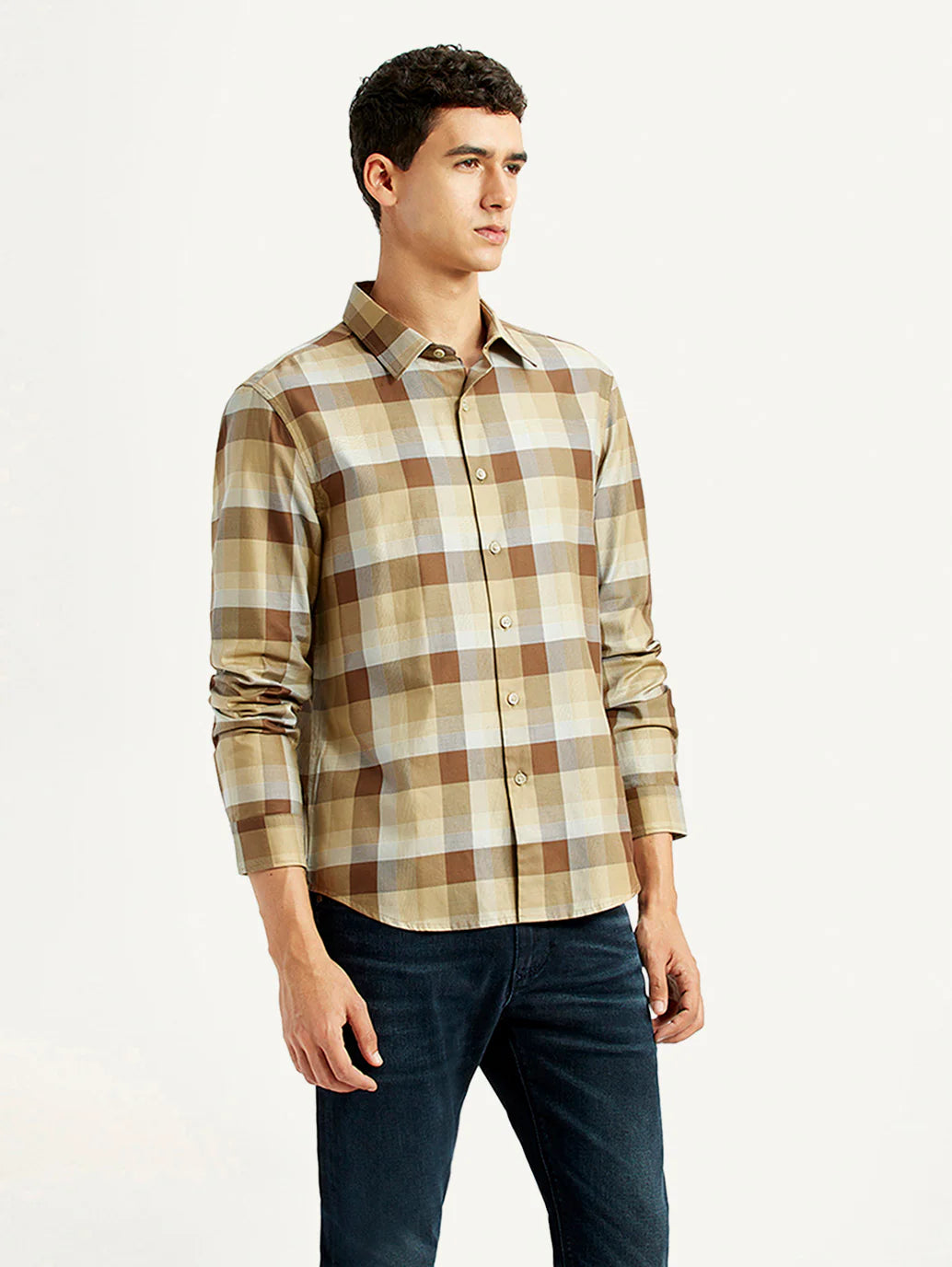 LEVIS Men's Checkered Light Brown Slim Fit Shirt