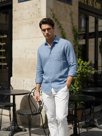 CELIO Men Regular Fit Solid 100% Linen Blue Shirt